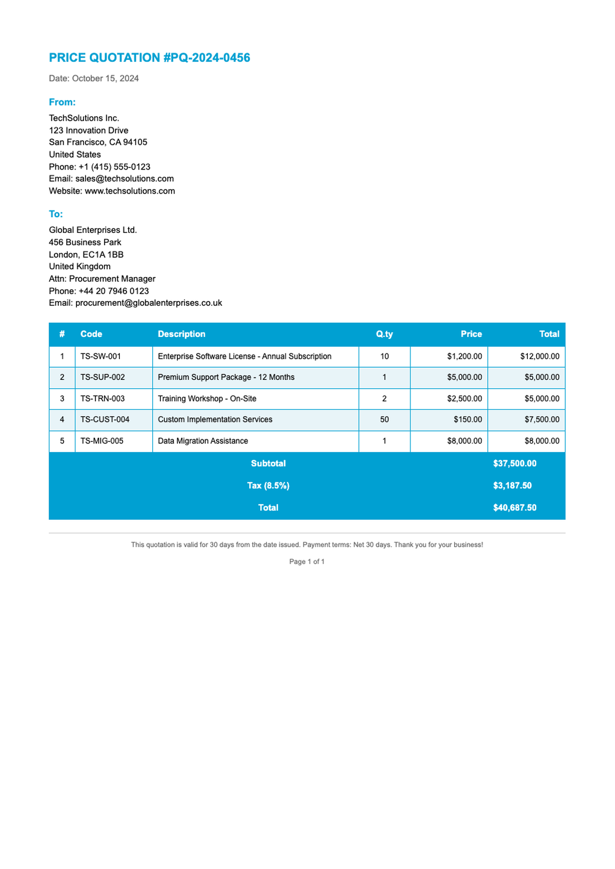 Professional quotation document with itemized product list and pricing details_variant_2